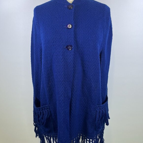 Vintage 70s Blue Button Boho Knit Cape Shawl Sweater Poncho Fringe S/M Folk - Picture 2 of 9